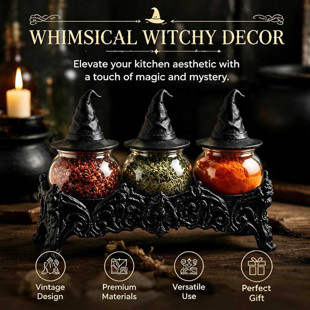 Vintage Witch Hat Spice Jars Set, Gothic Apothecary Glass Seasoning Containers