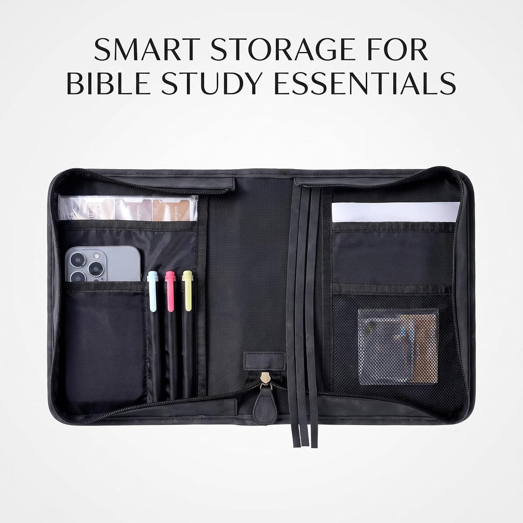 Vegan Leather Bible Cover for Men Women, Black Bible Case with Zipper Handle