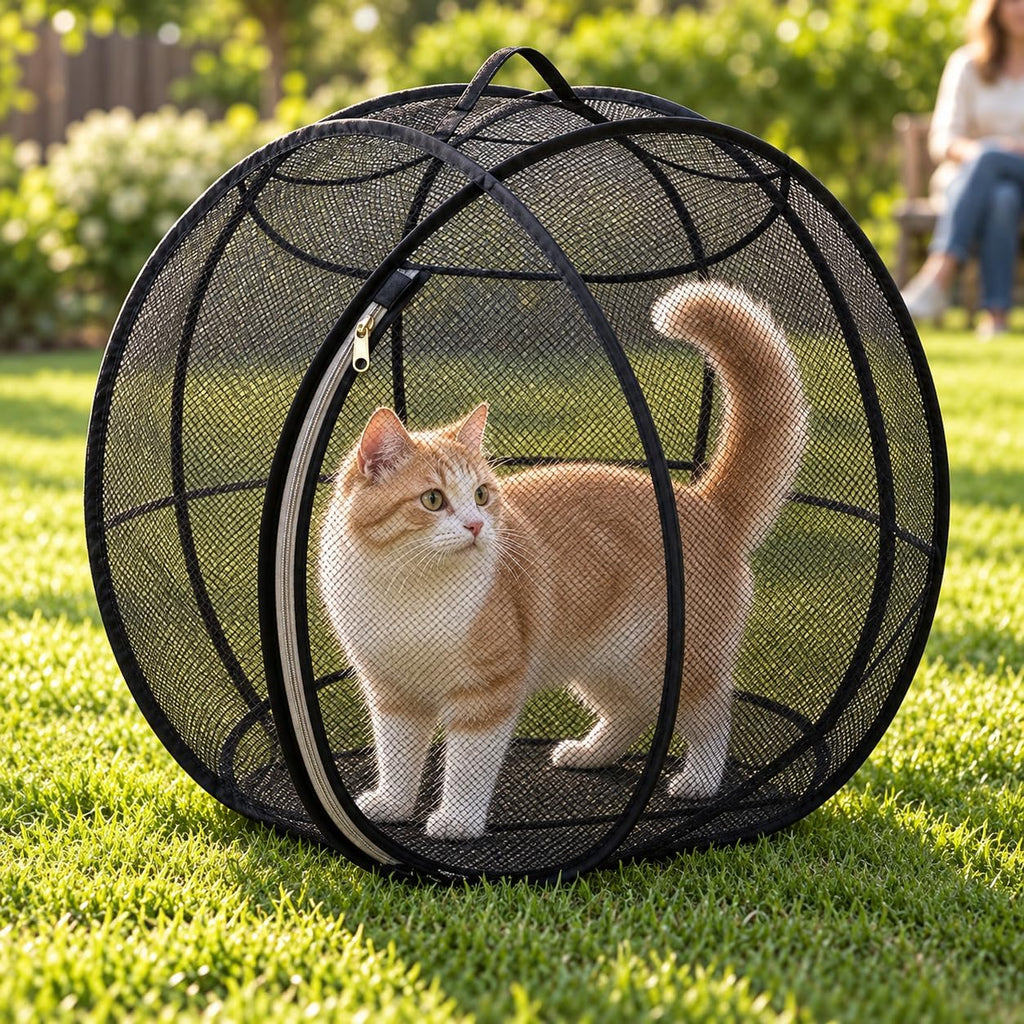 rolling cat playpen with Top Handle, Foldable Mesh, 27.6 in (Black) Black mesh cat playpen with a top handle, zippered opening and foldable design; 27.6 x 27.6 x 27.6 in when open.