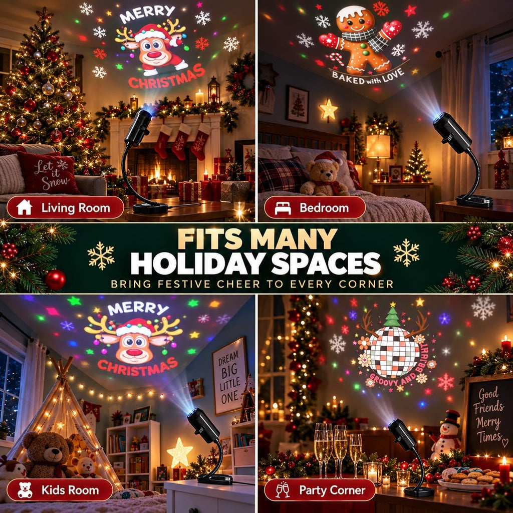 Plug and Play HD Christmas Projector, USB Christmas Projector Indoor USB 5V, 3W projector with flexible neck, slide accessory, and up to 9.2 ft projection distance for indoor holiday displays.