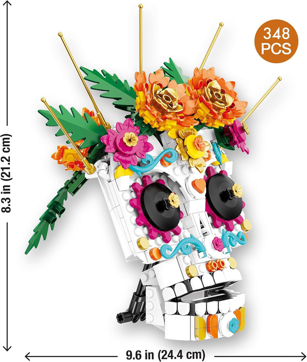 Sugar Skull Building Kit, 354-Piece Day of the Dead Floral Skull with Stand