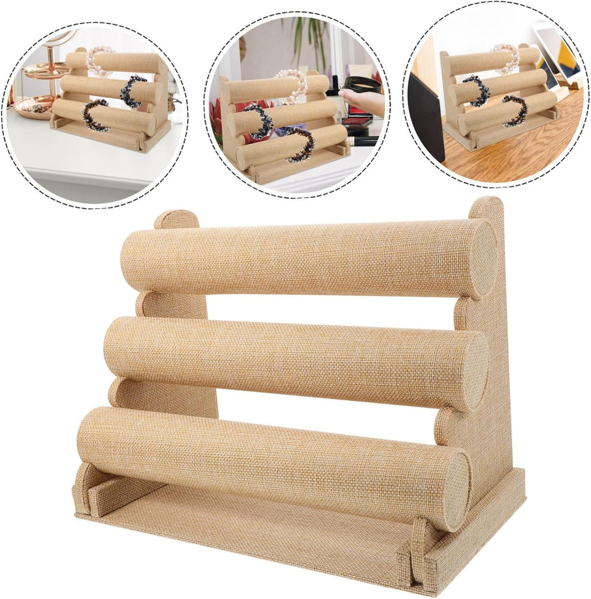 Bracelet Display Stand Multi Tier Tabletop Holder for Displays PVC Linen Wood Build, Beige Finish, Secure Platform for Collections, Versatile Use on Cases