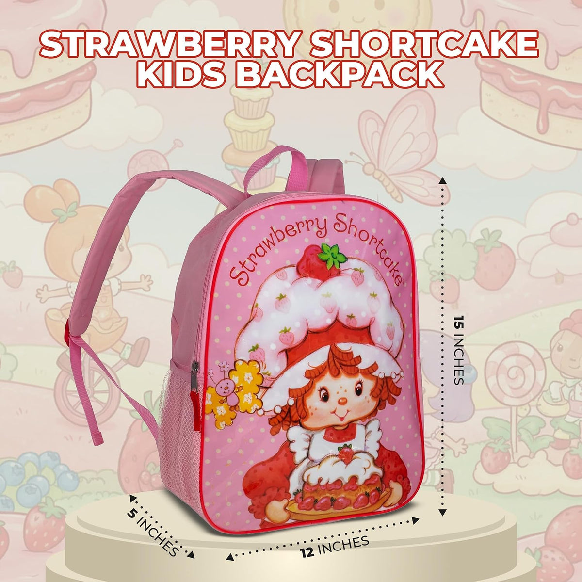AI Accessory Innovations Strawberry Shortcake 15" Kids Backpack, Pink Elementary School Book Bag with Padded Straps