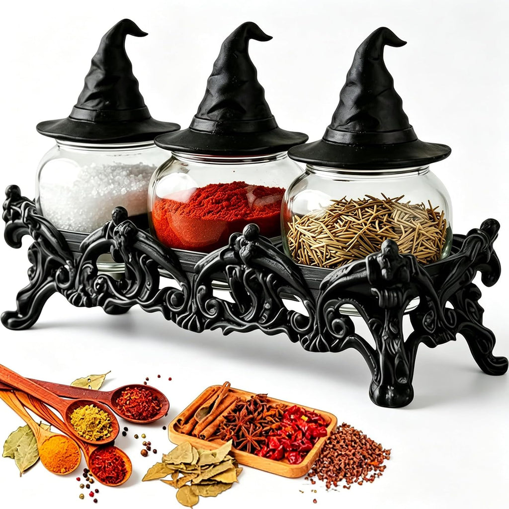 Vintage Witch Hat Spice Jars Set, Gothic Apothecary Glass Seasoning Containers