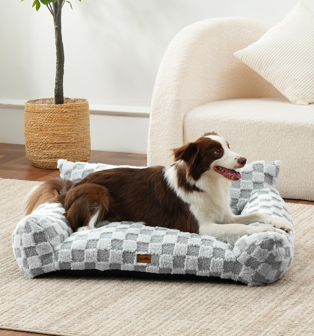 Made4Pets Faux Fur Pet Sofa Bed, Cozy Checkered Couch with Washable Cover, Grey