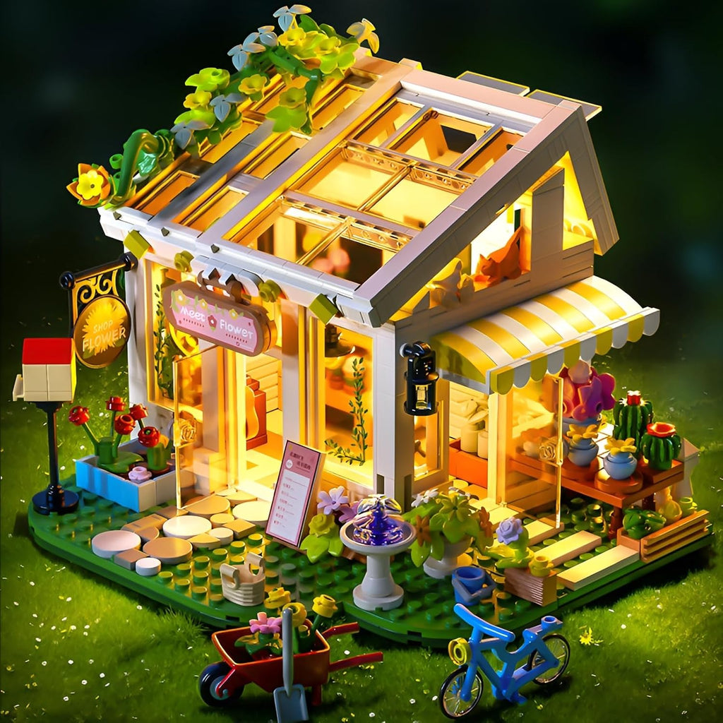 Flower House Building Blocks, Botanical Greenhouse Set with LED Light, 832 Pieces