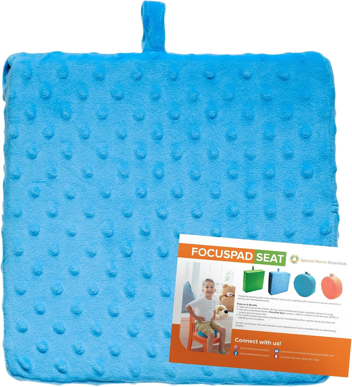 Special Needs Essentials FocusPad Vibrating Sensory Seat Cushion - Wiggle Seat & Foot Fidget for Kids and Adults with ADHD or Autism, Classroom & Home | Blue Textured Square