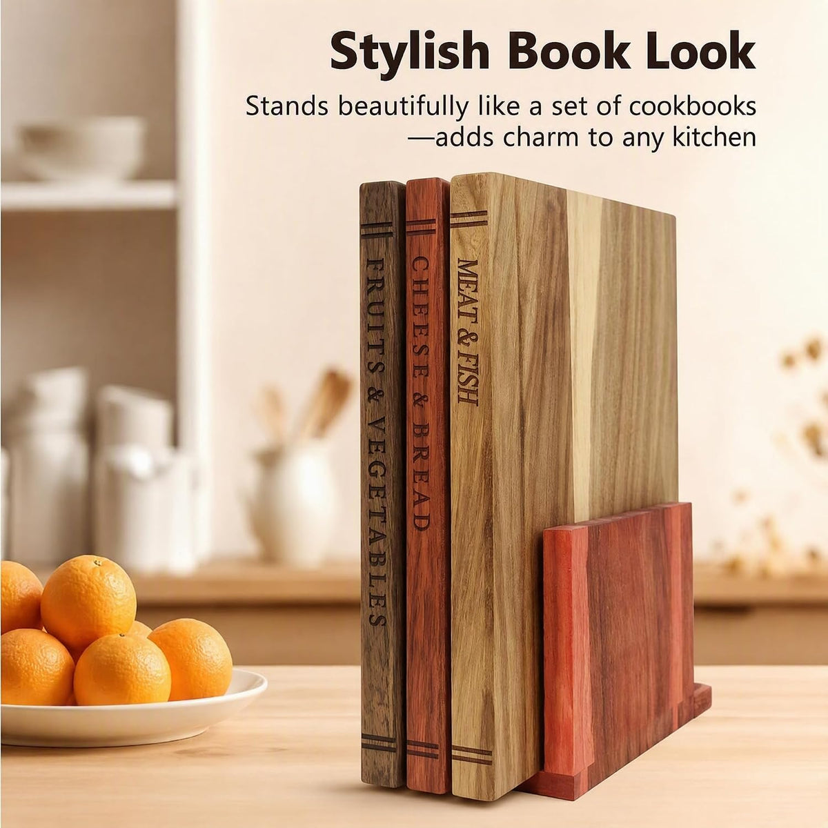 Book Cutting Board Set with Stand, Acacia Wood Boards That Look Like Books