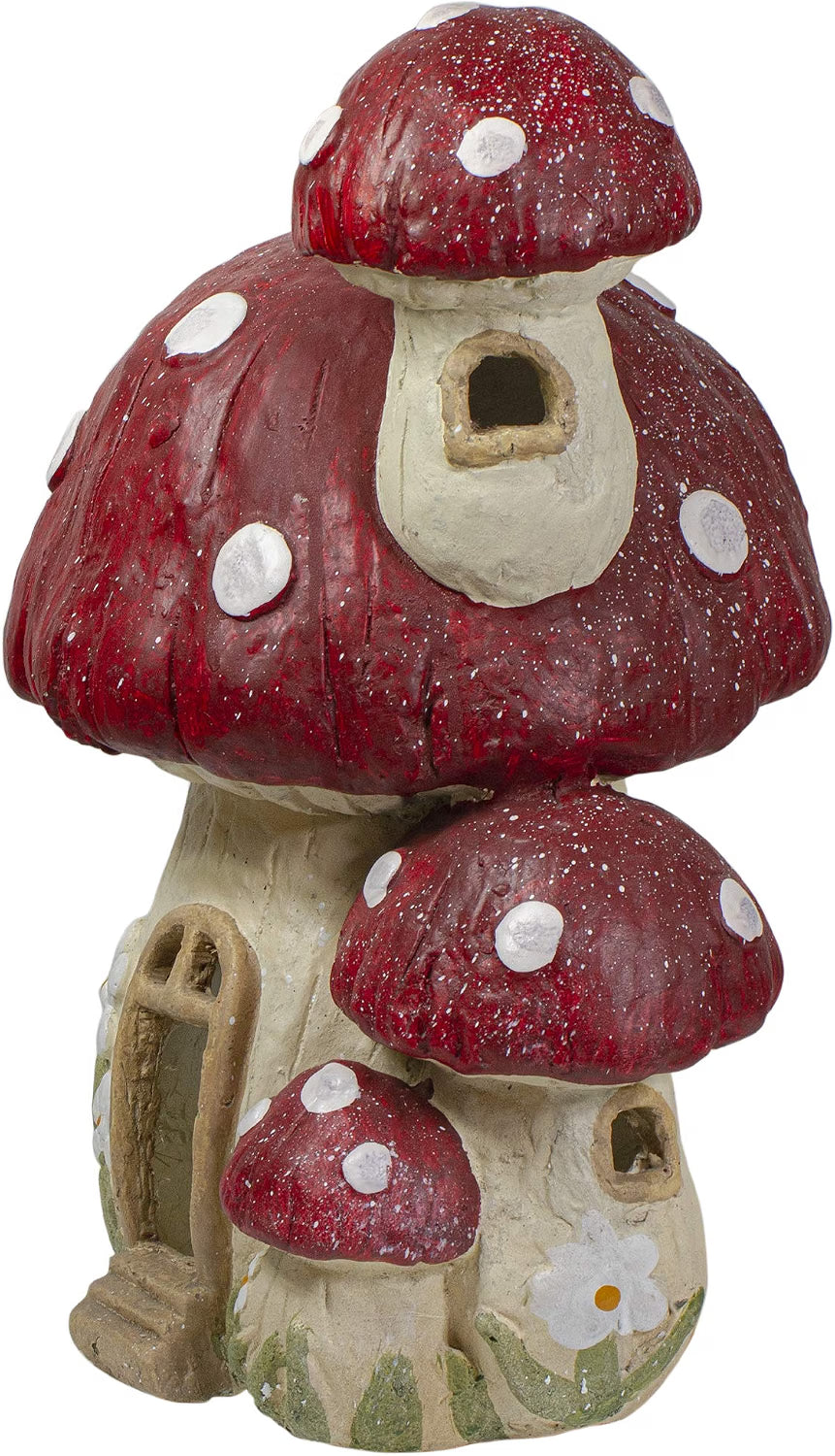 18" Red and Beige Mushroom House Outdoor Garden Statue