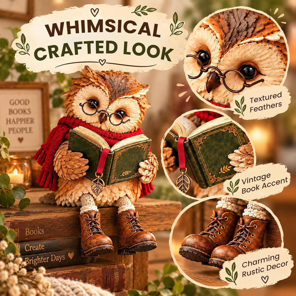 Reading Owl Figurine with Book, Glasses and Dangling Legs Shelf Decor (Red)