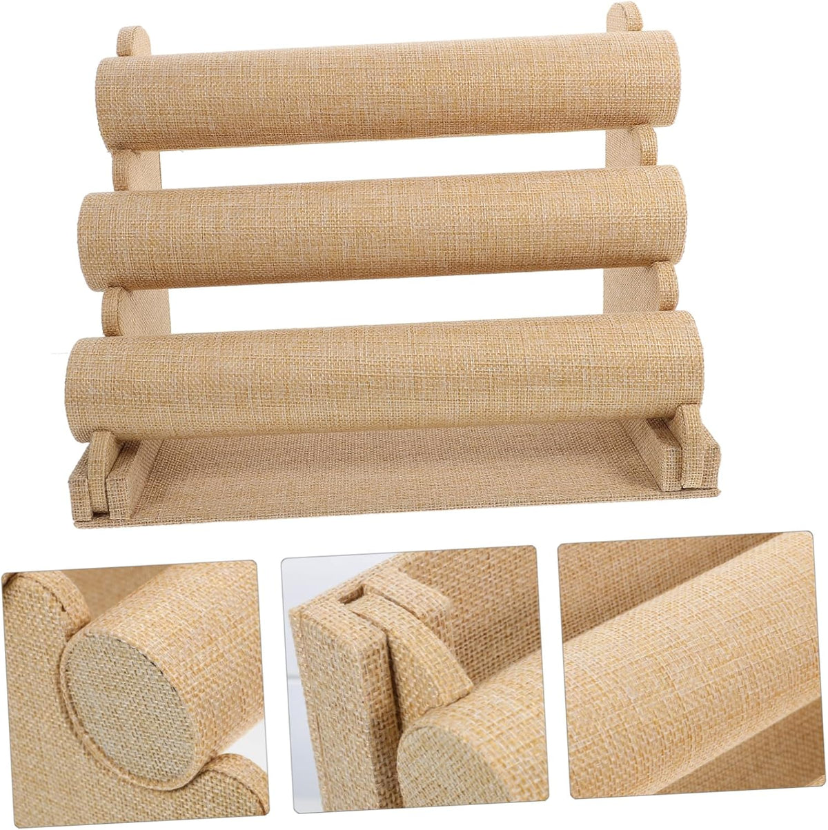 Bracelet Display Stand Multi Tier Tabletop Holder for Displays PVC Linen Wood Build, Beige Finish, Secure Platform for Collections, Versatile Use on Cases