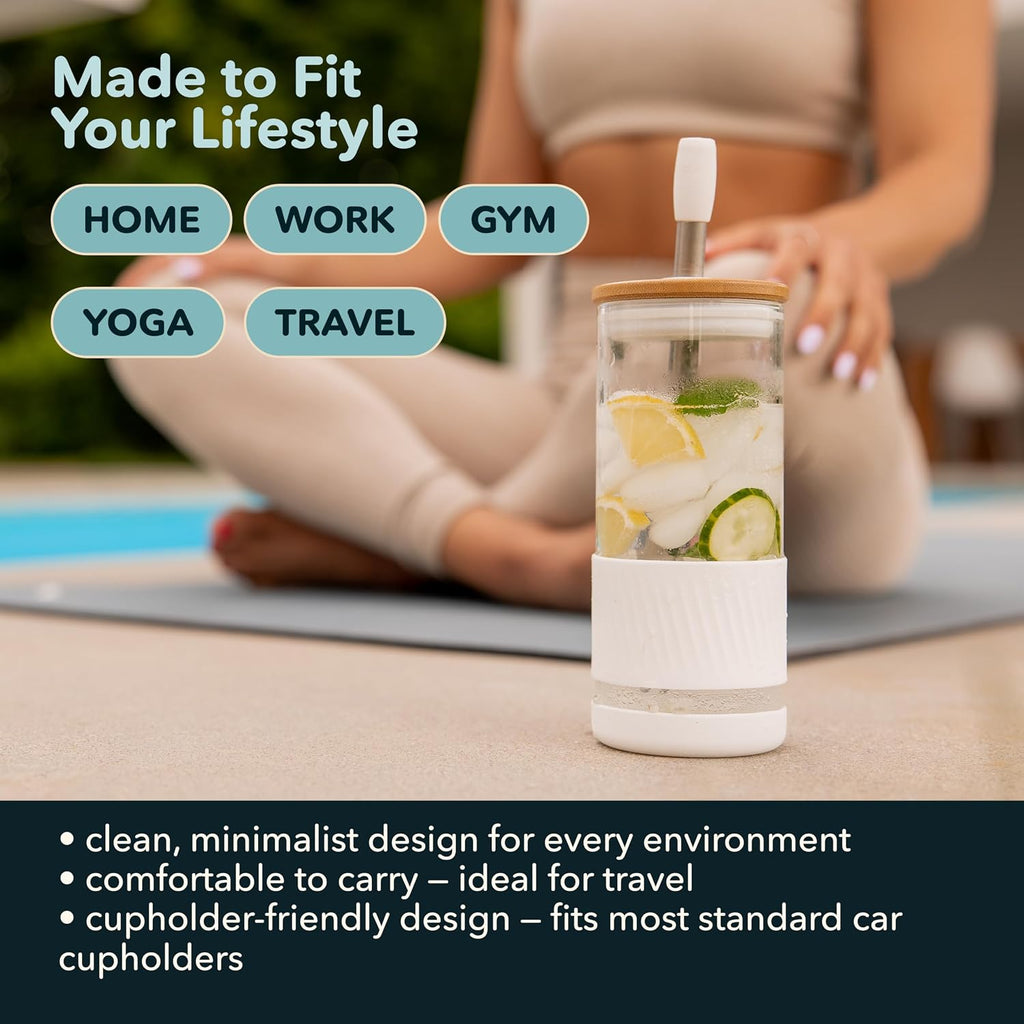 Glass Cups With Lids and Straws -20 Fl Oz- Perfect Size Iced Coffee Cup - Smoothie Cup With Bamboo Lid and On the go Lid - Glass Tumbler With Straw