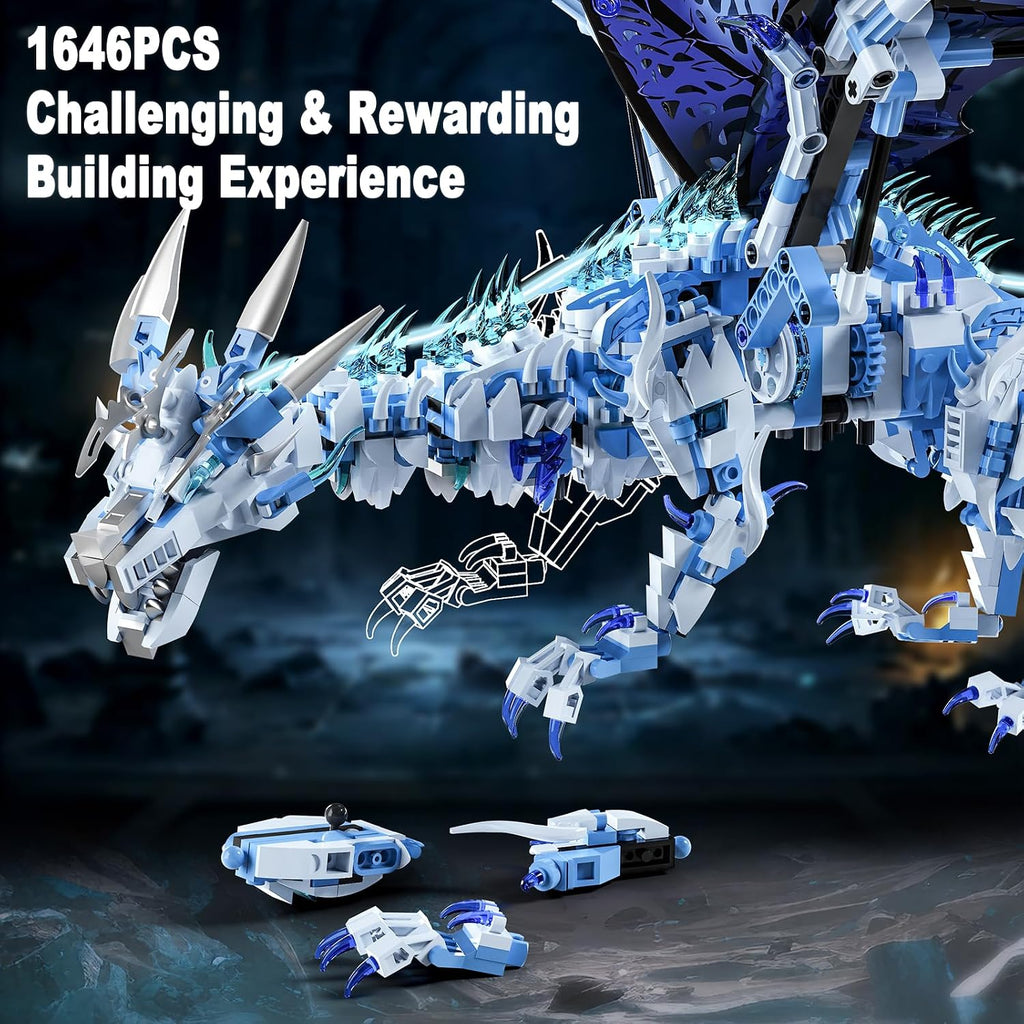 Mechanical Ice Dragon Building Blocks, 1,646-Piece Model Kit with LED Light