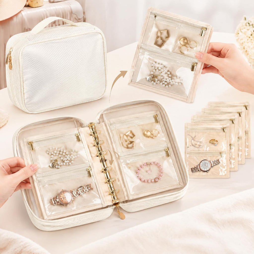 Travel Jewelry Organizer Case with 36 Clear Zipper Velvet Pouches and Detachable Pages
