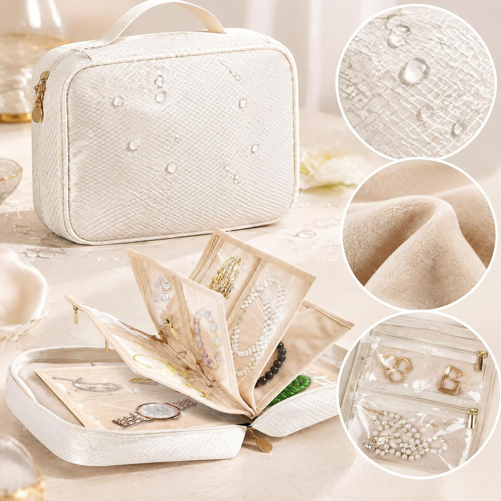 Travel Jewelry Organizer Case with 36 Clear Zipper Velvet Pouches and Detachable Pages