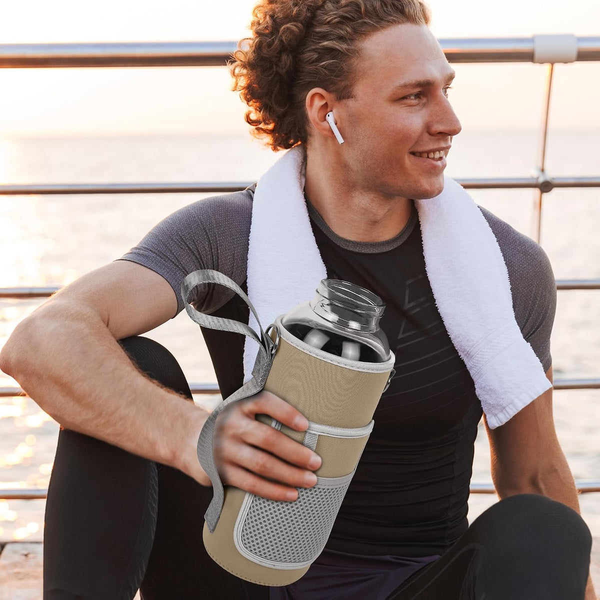 48 oz Sports Borosilicate Glass Water Bottle with Bamboo Lid with Neoprene Sleeve