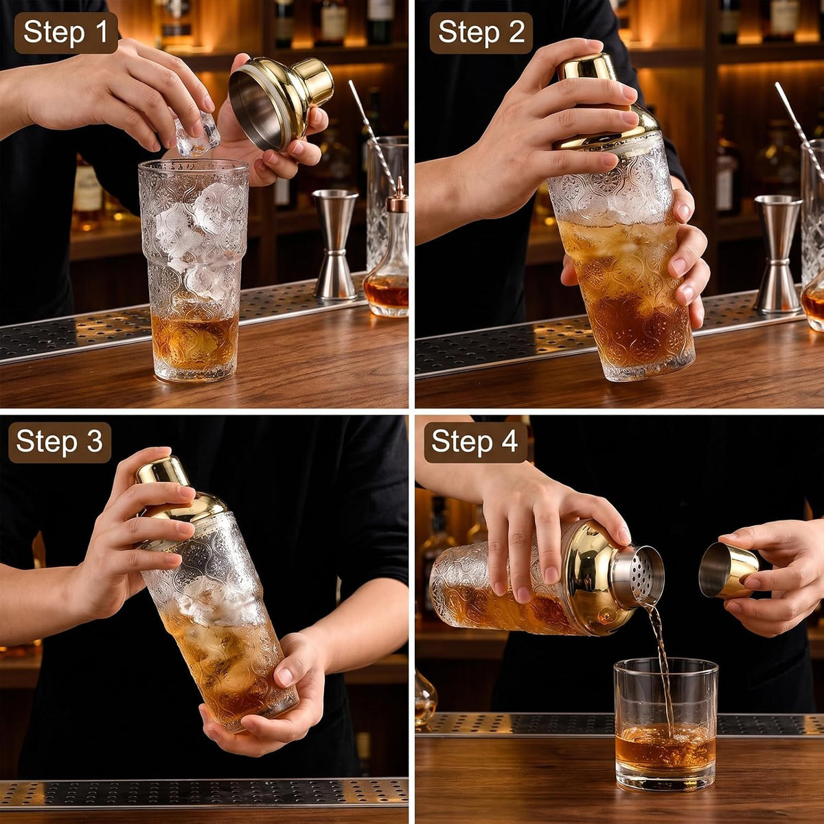 14 oz Clear Glass Cocktail Shaker with Gold Lid, Bartender Kit Cobbler Mixer with Built-In Strainer, Leak-Proof Clear Martini Shaker for Single-Serve Drinks