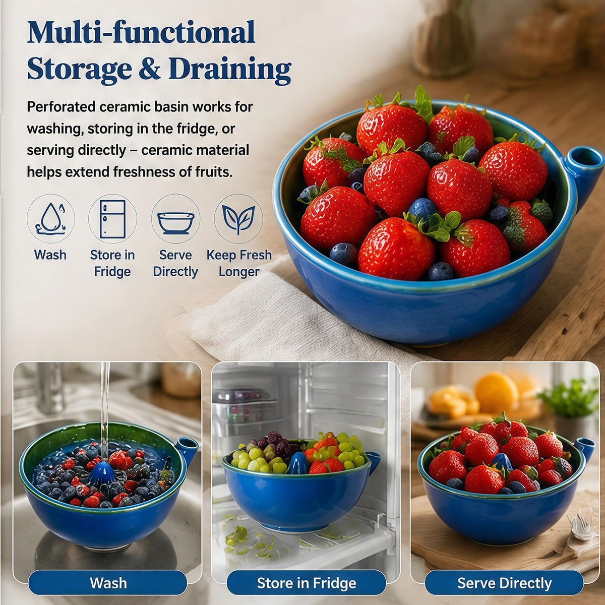 Berry Washing Bowl – Handcrafted Ceramic Berry Washer，B