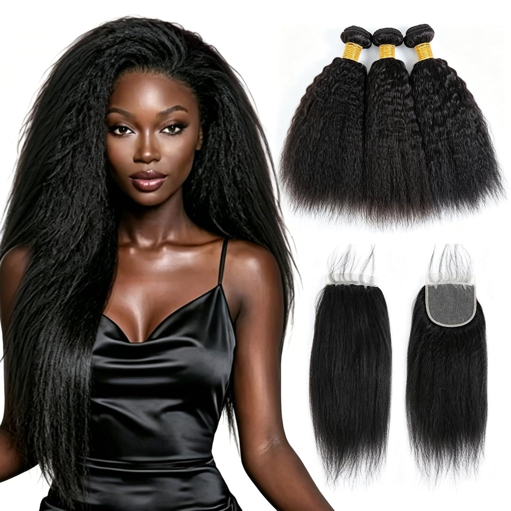 12A Kinky Straight Human Hair Bundles with 12" Closure, 12/14/16"