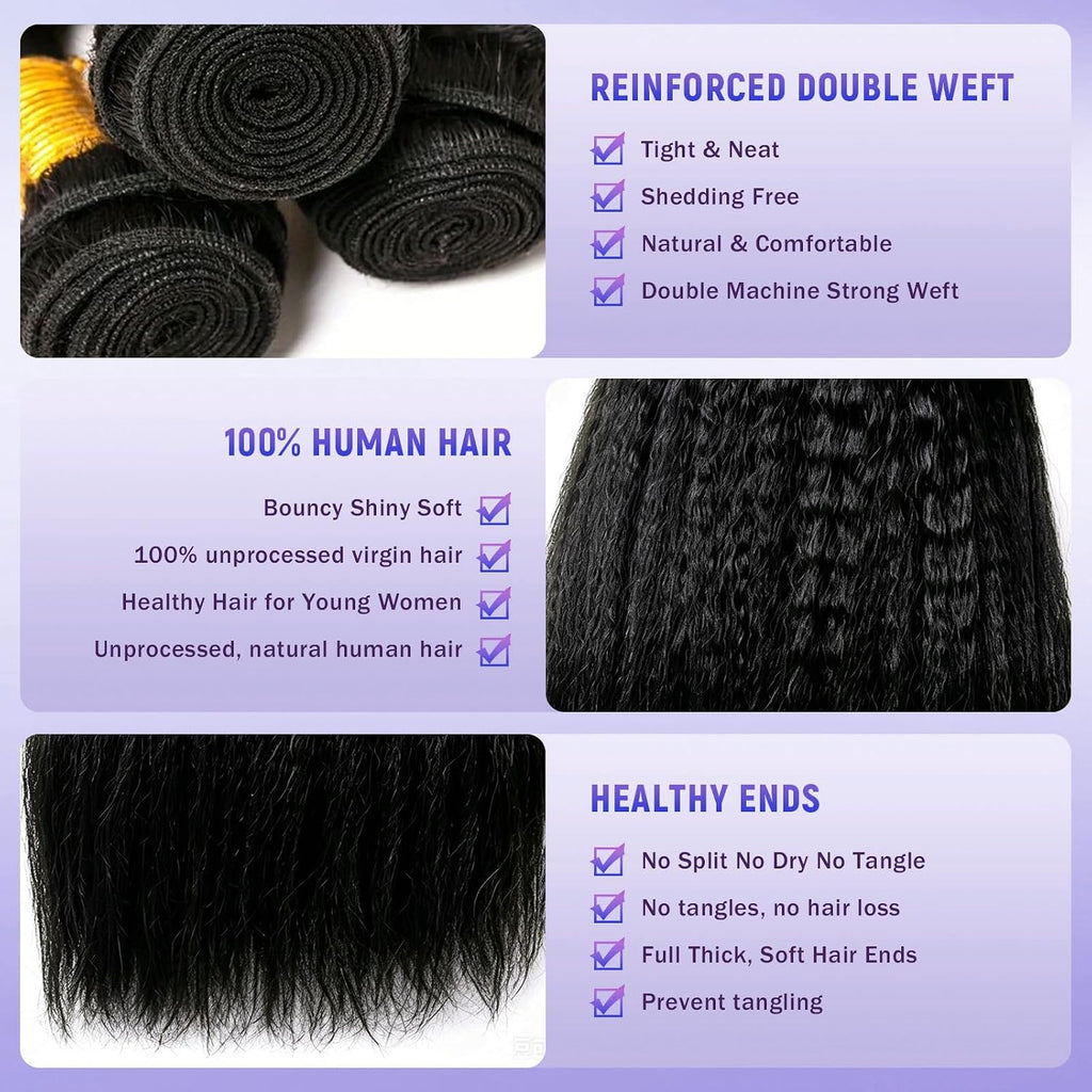 12A Kinky Straight Human Hair Bundles with 12" Closure, 12/14/16"