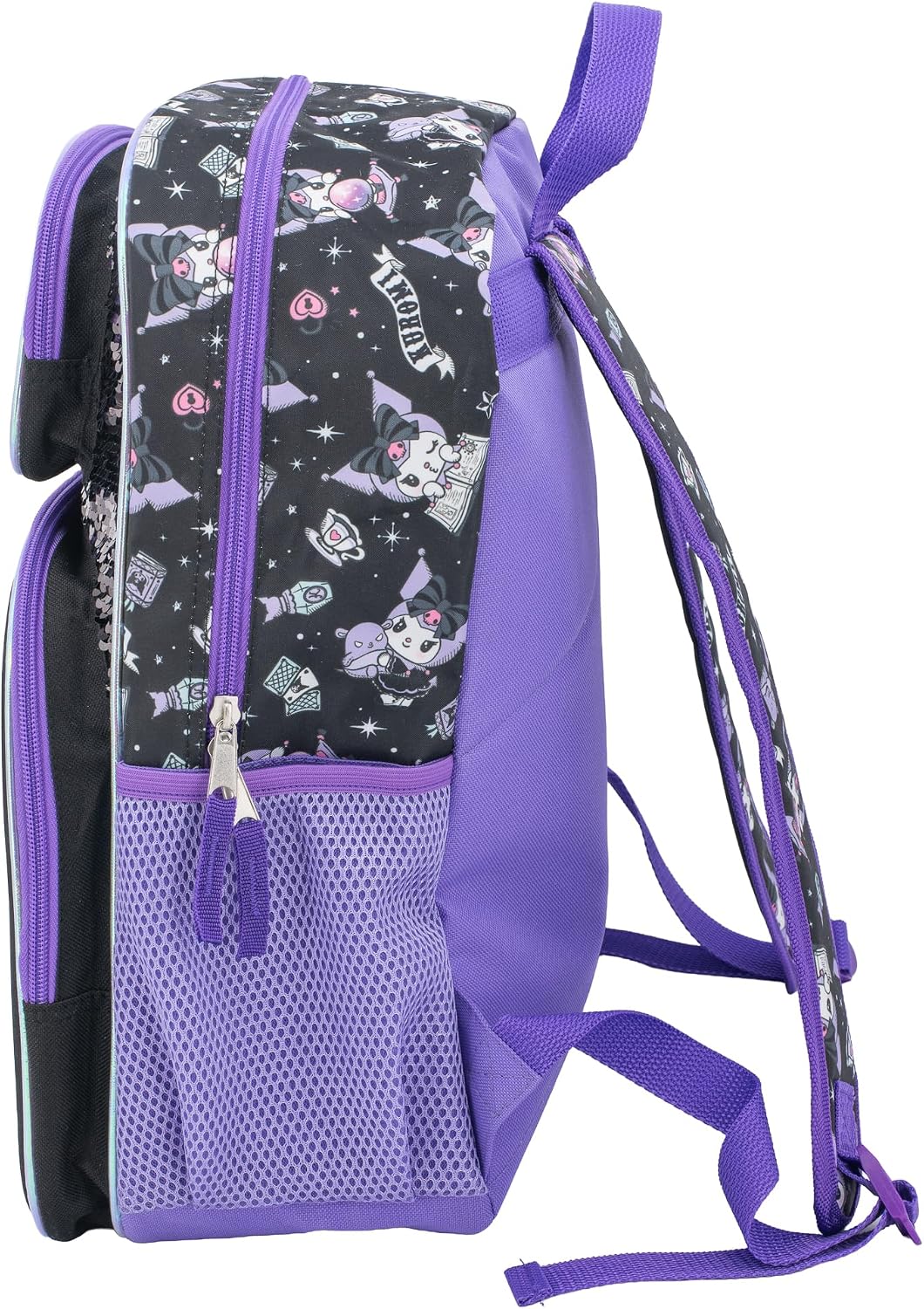 AI Accessory Innovations Hello Kitty 16" Backpack for Girls, Kuromi Kawaii School Bag with Flip Sequins & 3D Front Pocket