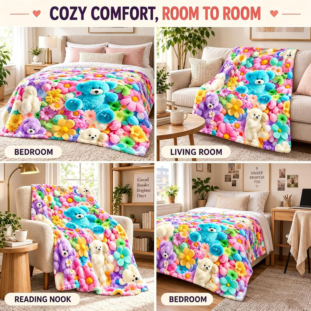 3D Plush Throw Teddy Bear Blanket, Fluffy Flannel Comfort，A：51×59 in