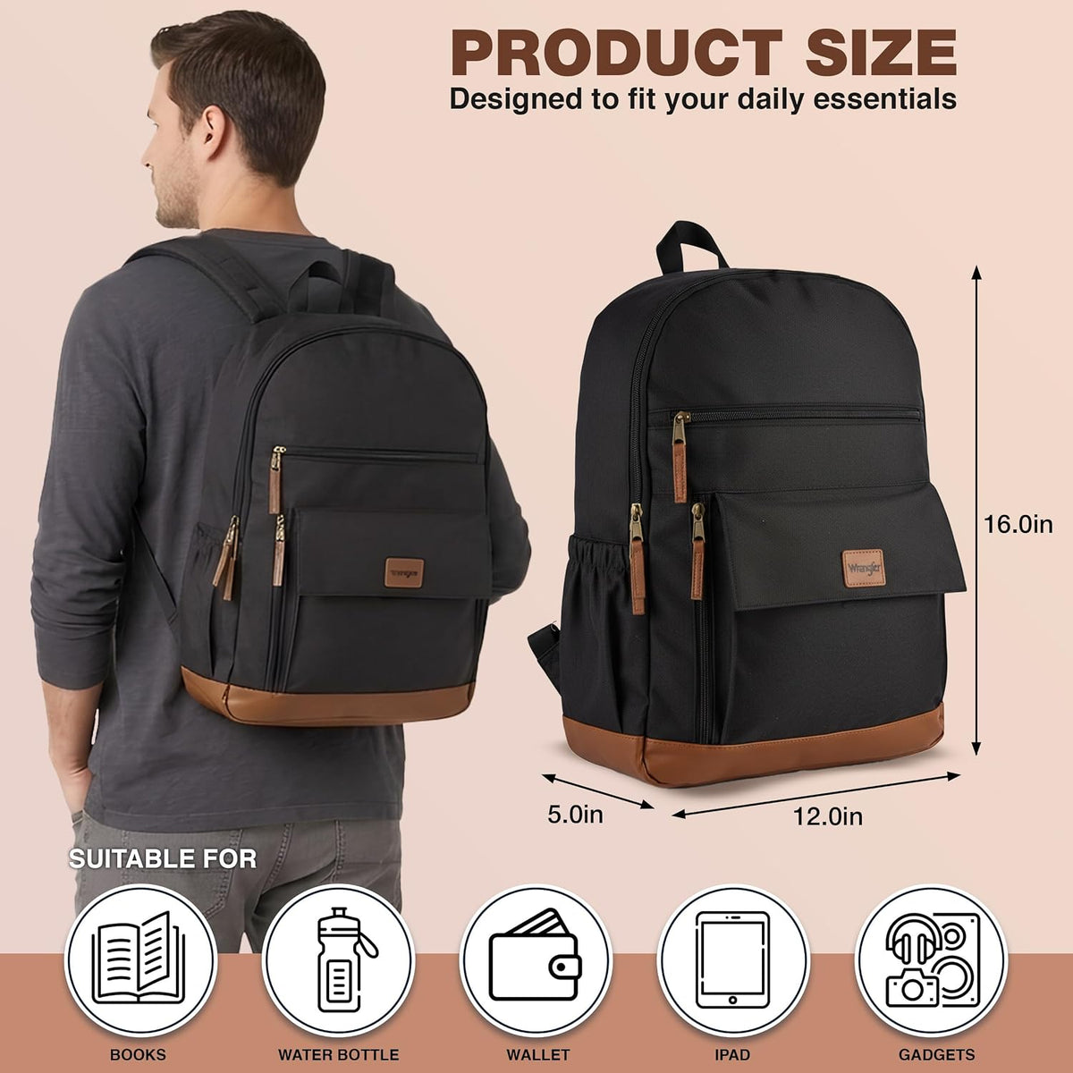 AI Accessory Innovations Wrangler Multi-Pocket Backpack, Black Casual Travel Daypack with Padded Laptop Sleeve