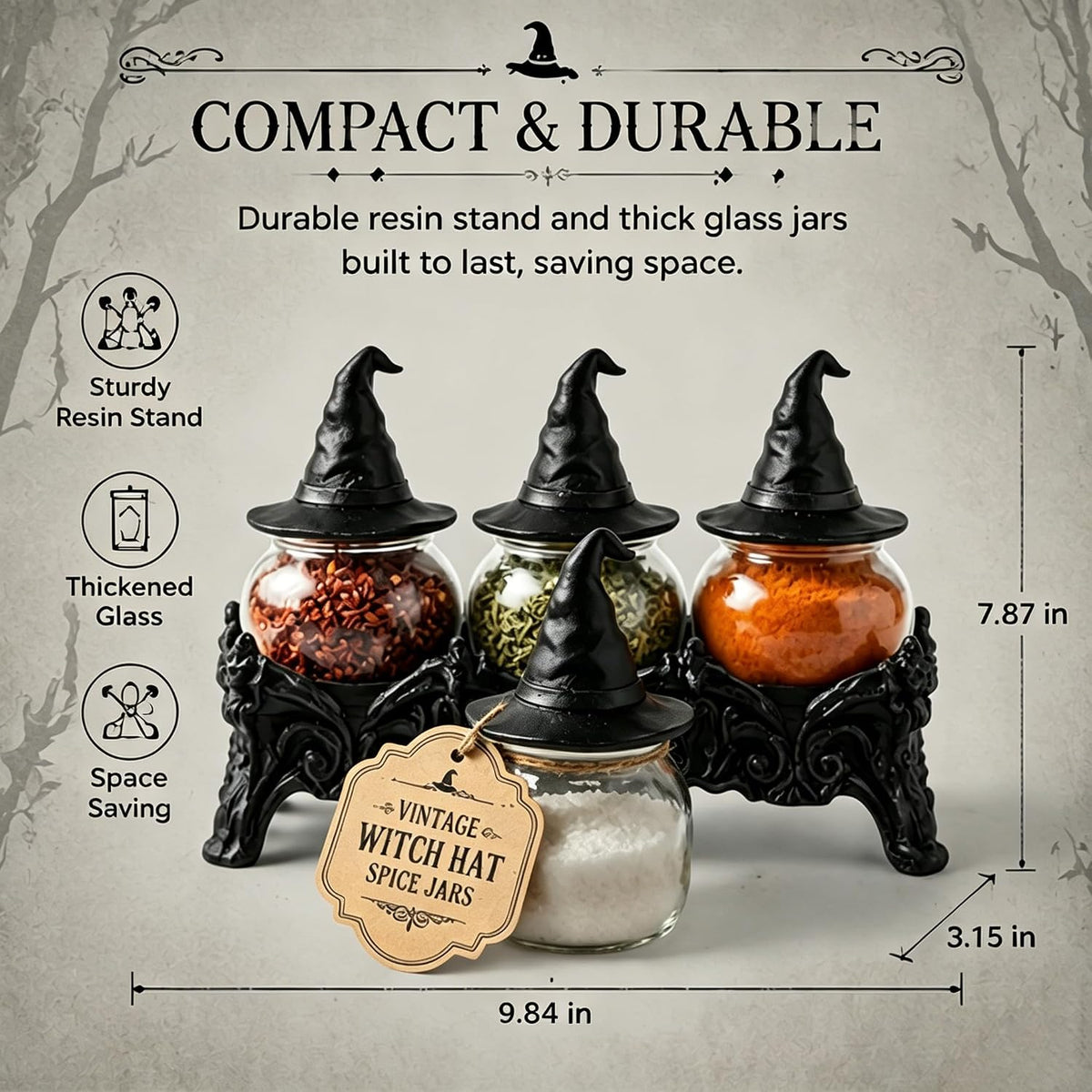 Vintage Witch Hat Spice Jars Set, Gothic Apothecary Glass Seasoning Containers