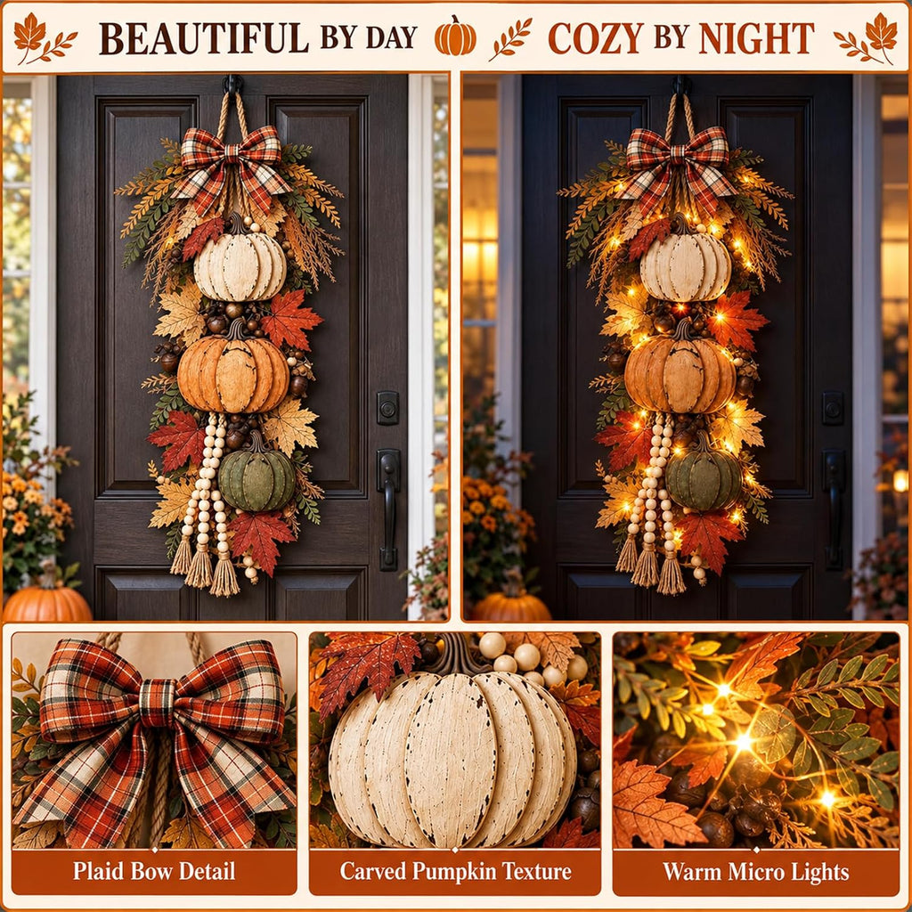Fall Pumpkin Door Hanger with Lights, Thanksgiving Harvest Door Decor