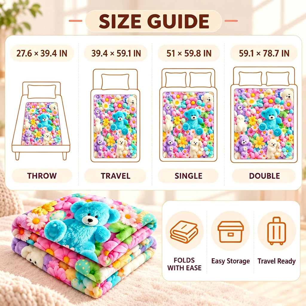 3D Plush Throw Teddy Bear Blanket, Fluffy Flannel Comfort，A：51×59 in