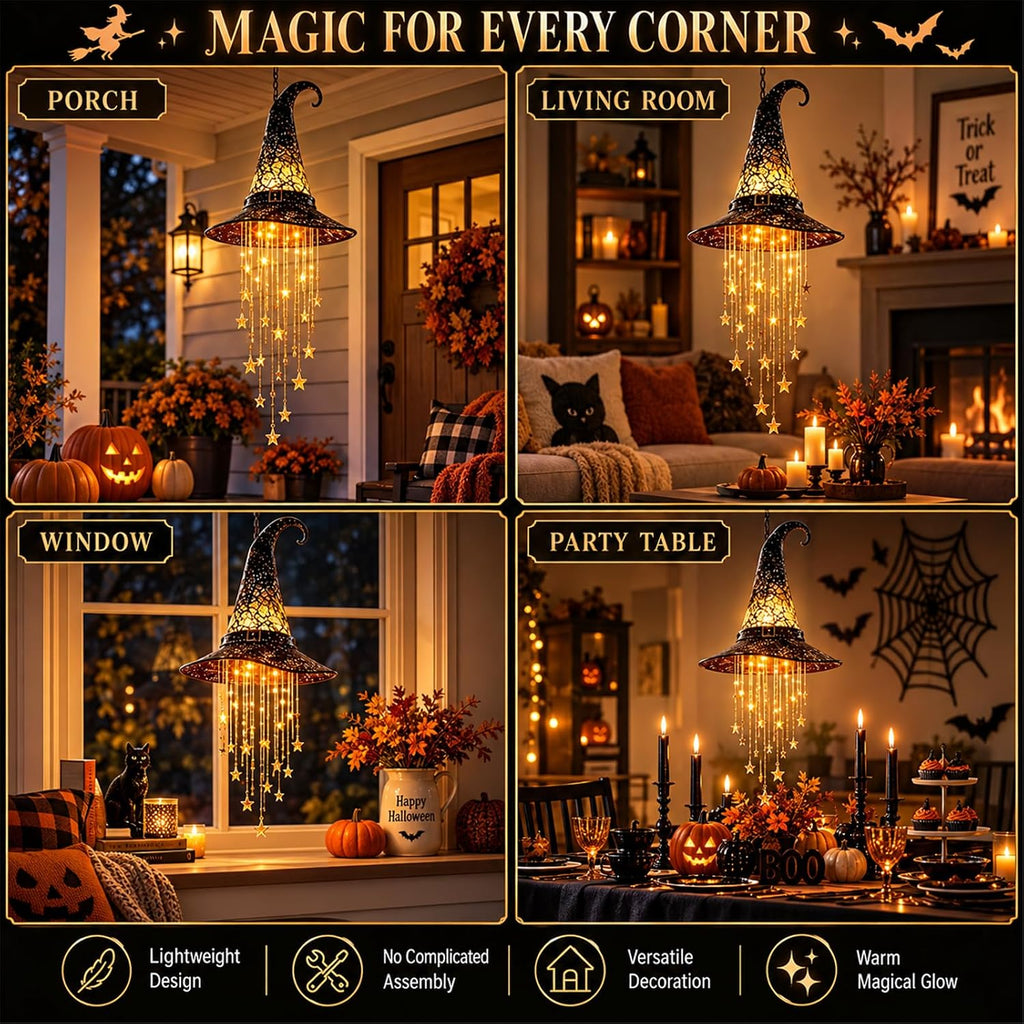 Lighted Witch Hat Hanging Decor with Star Lights for Halloween