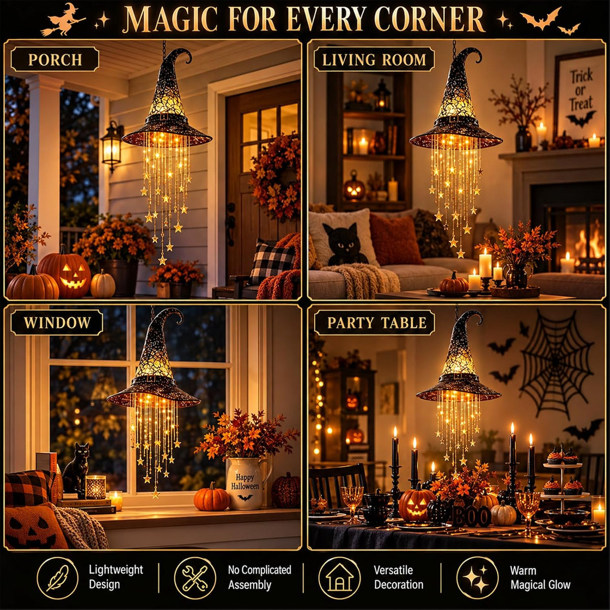 Lighted Witch Hat Hanging Decor with Star Lights for Halloween