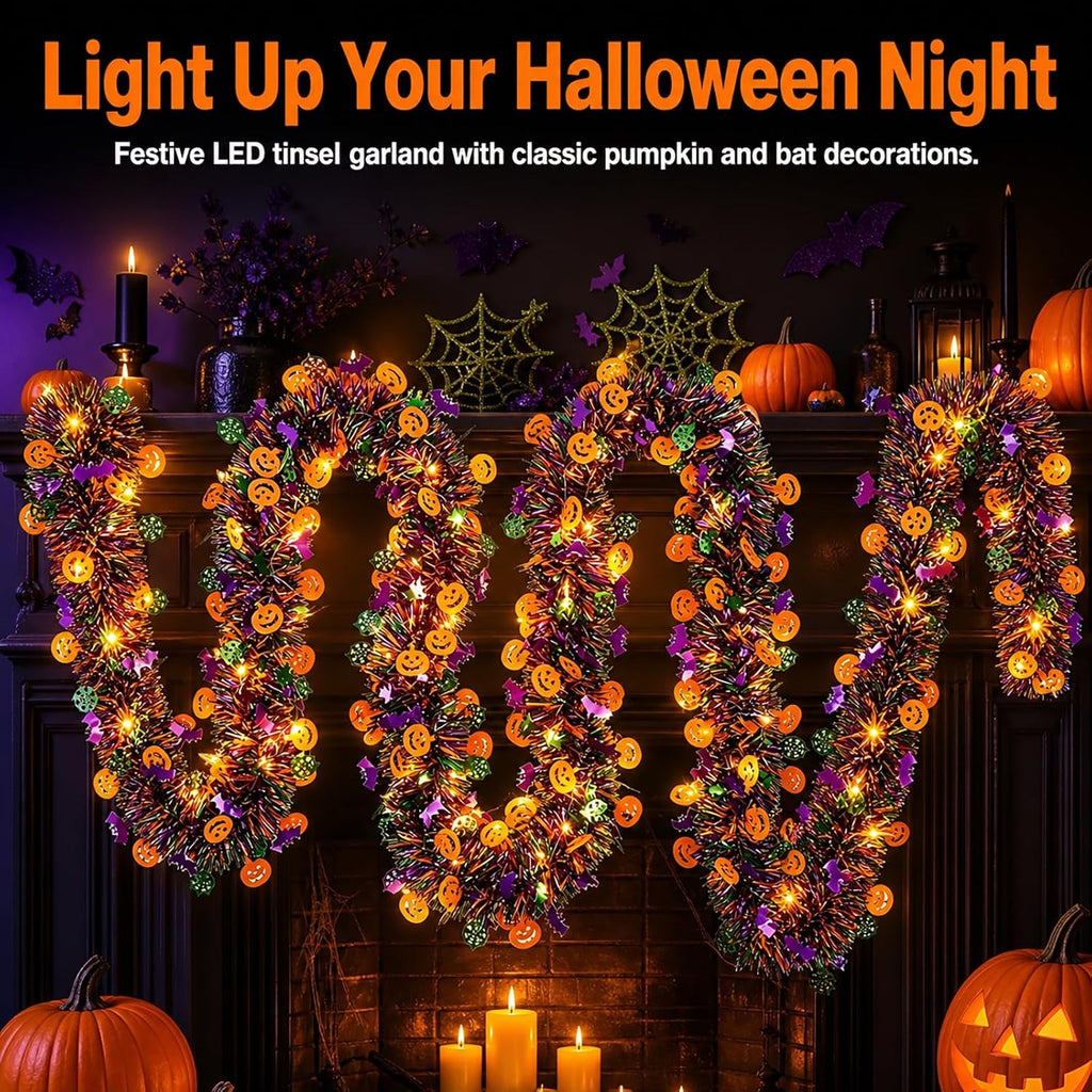 Halloween Garland Metallic Foil Tinsel with Pumpkin Bat Designs (Type 1,5.7M+40LED)