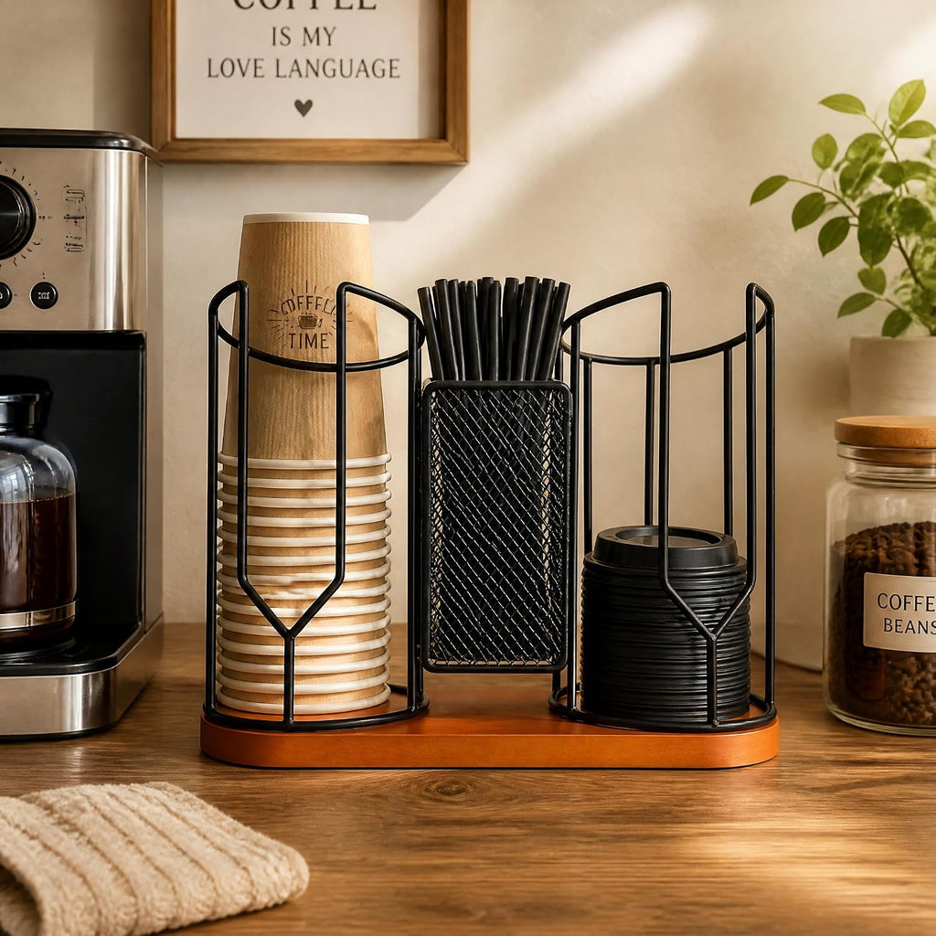 Coffee Cup and Lid Holder for Countertop, Disposable Coffee Organizer Station with Wooden Base
