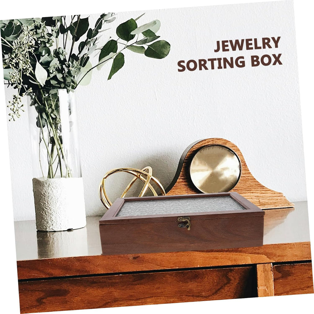 Wooden Jewelry Storage Box for Rings and Keys with Lid Coffee Tone, Antique Retro Style, Glass Top, Delicate Keepsake Organizer for Anniversary and New Year