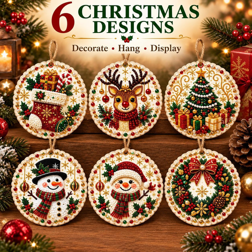 6PCS Christmas Ornaments DIY Pearl Diamond Art Kits for Adults, Wooden (Type B)