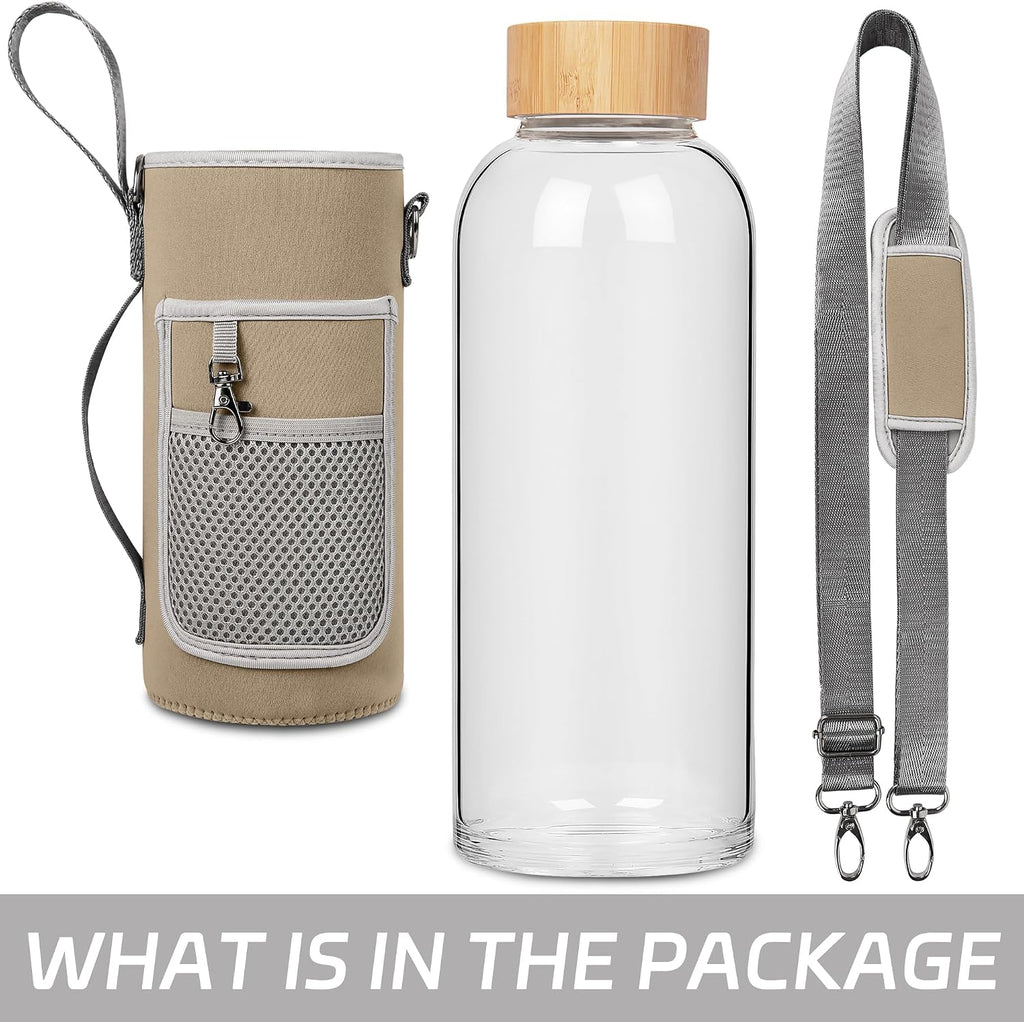 48 oz Sports Borosilicate Glass Water Bottle with Bamboo Lid with Neoprene Sleeve