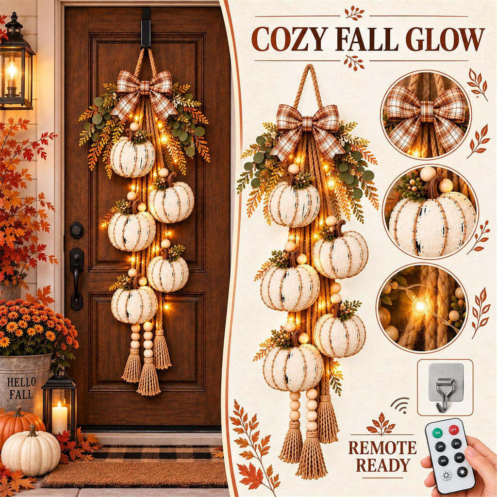 Fall Pumpkin Door Hanger with Lights, Thanksgiving Harvest Door Decor