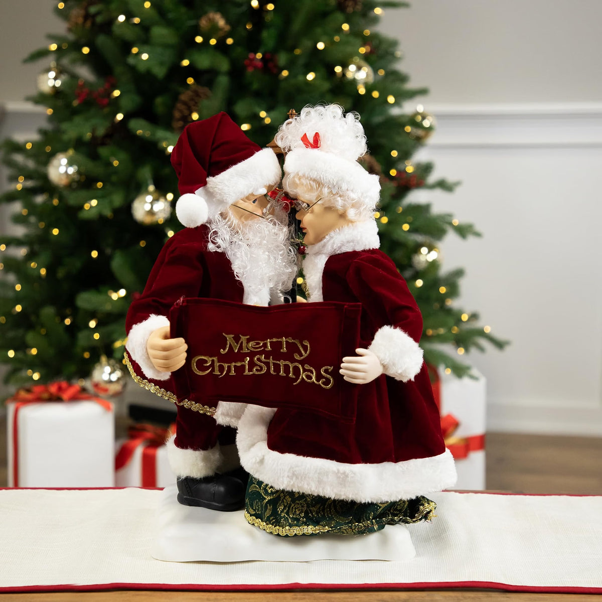 Animated and Musical Mr. and Mrs. Claus Merry Christmas with Lighted Lamppost Figure - 18"