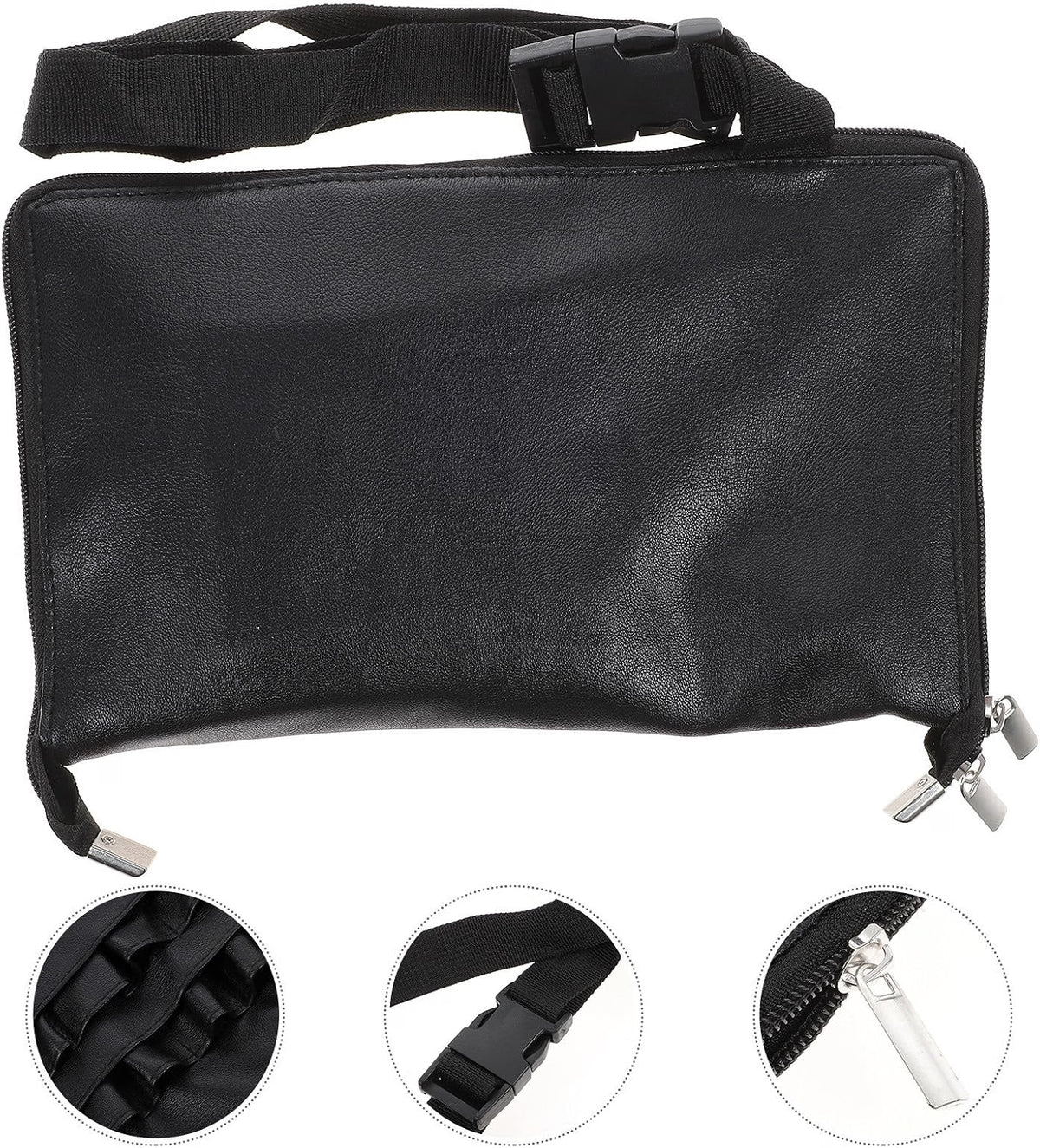 Large Cosmetic Makeup Brush Bag, PU Leather Waist Organizer with Belt Strap Compact Black Design, Lightweight Carry, Adjustable Strap, Zipper Closure, Portable Travel Storage