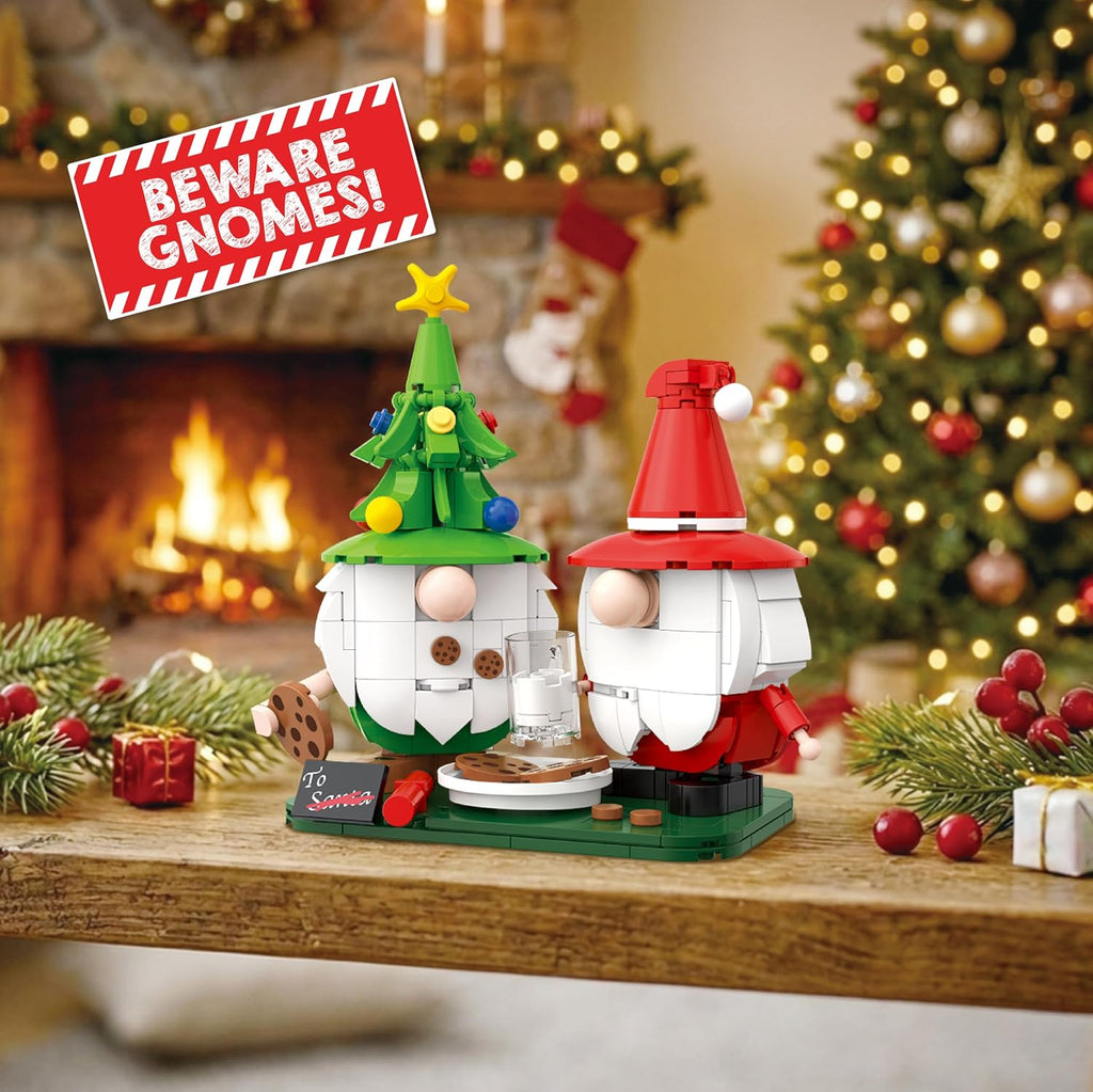 Holiday Gnomes Building Set, 385-Piece Christmas Gnome Decor with Cookies & Milk