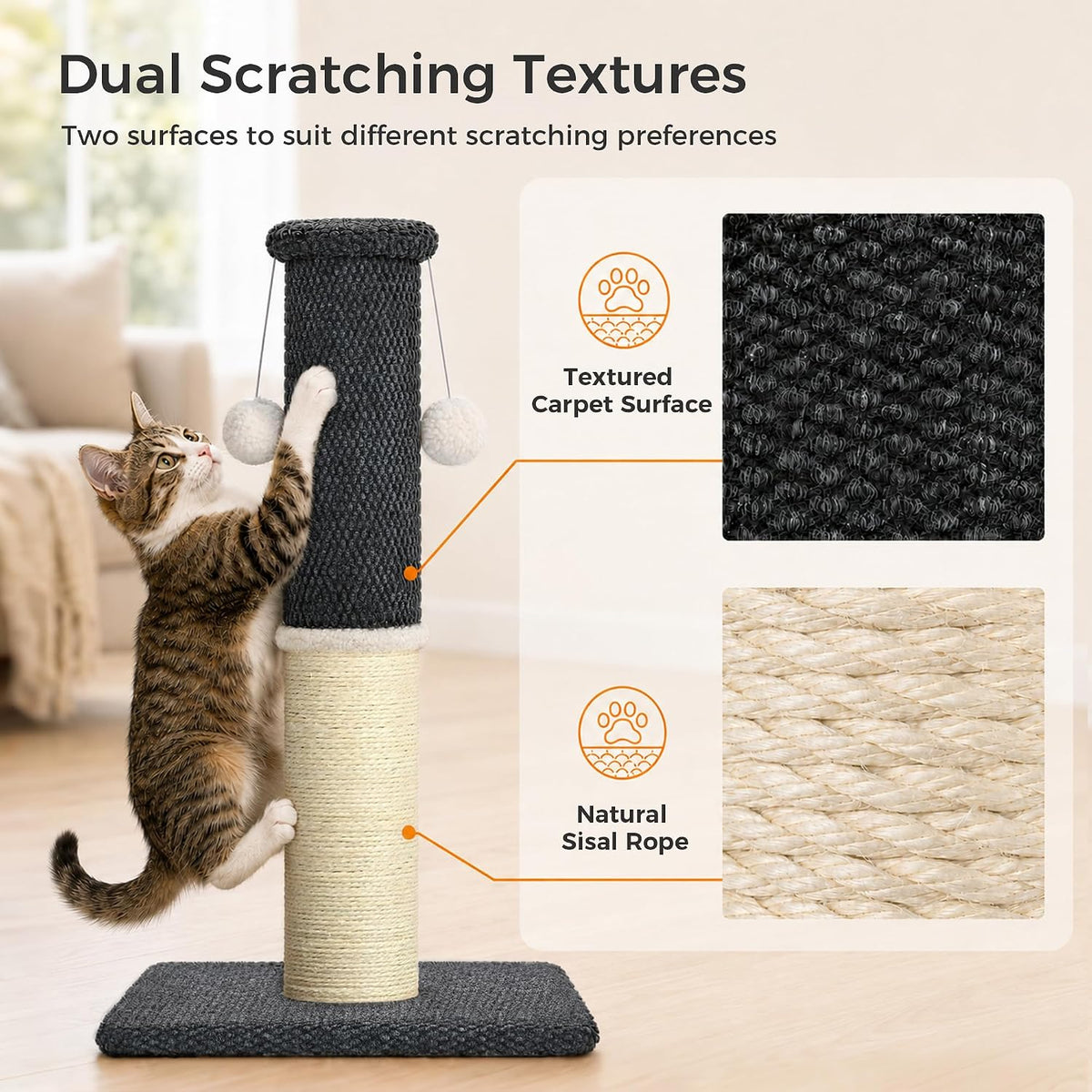 Made4Pets Tall Cat Scratching Post, 33" Sisal & Carpet Scratcher