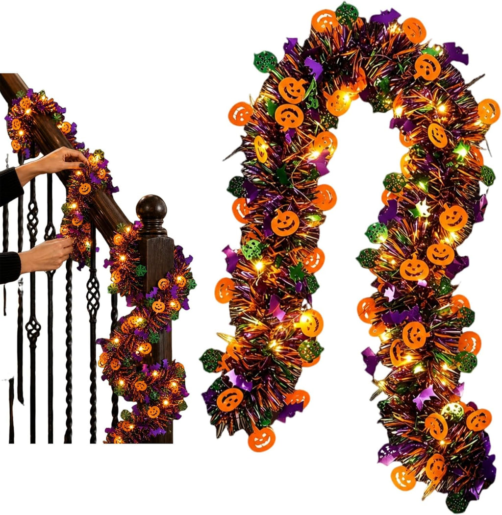 Halloween Garland Metallic Foil Tinsel with Pumpkin Bat Designs (Type 1,5.7M+40LED)