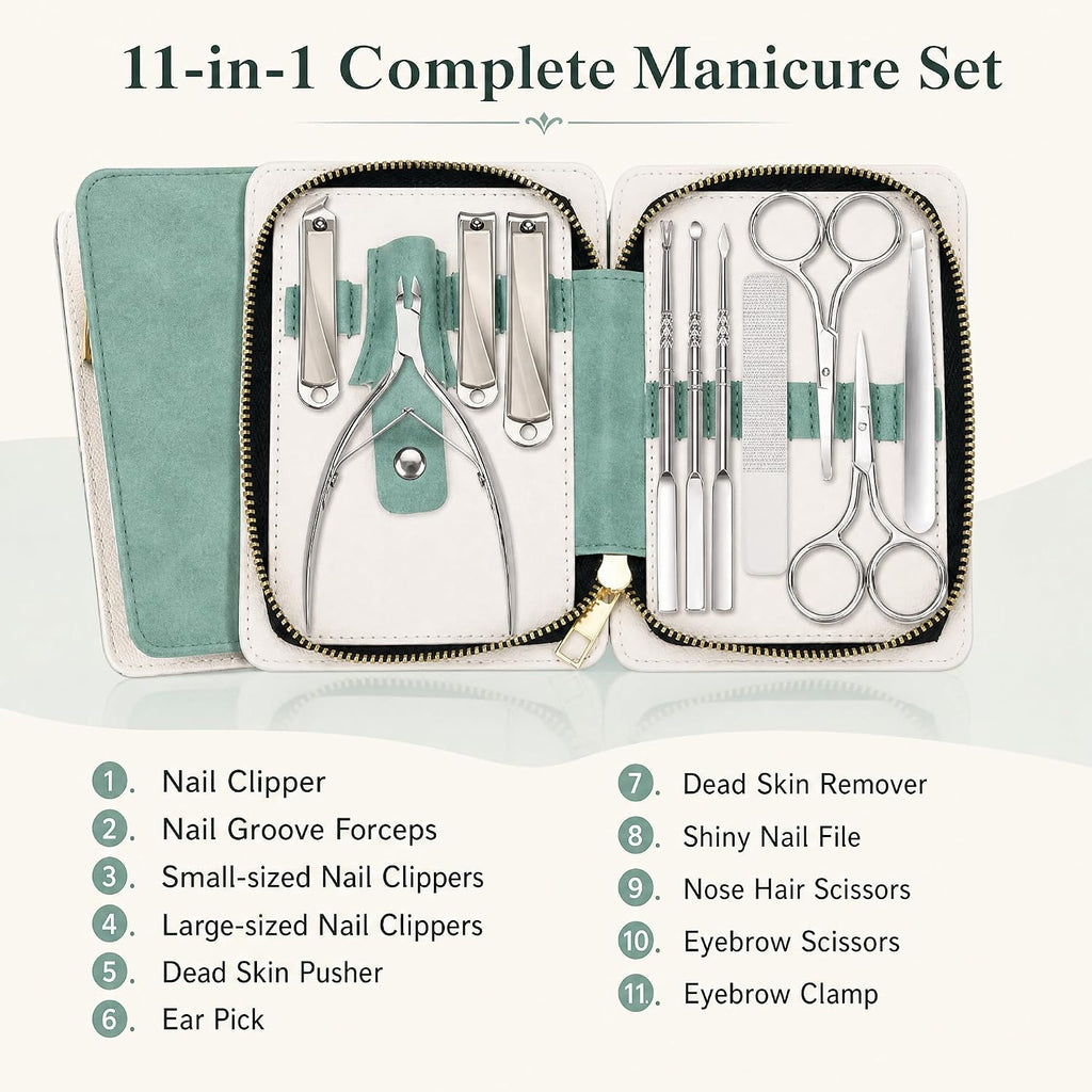 11-in-1 Professional Nail Care Kit, Stainless Steel Clippers with Leather Case