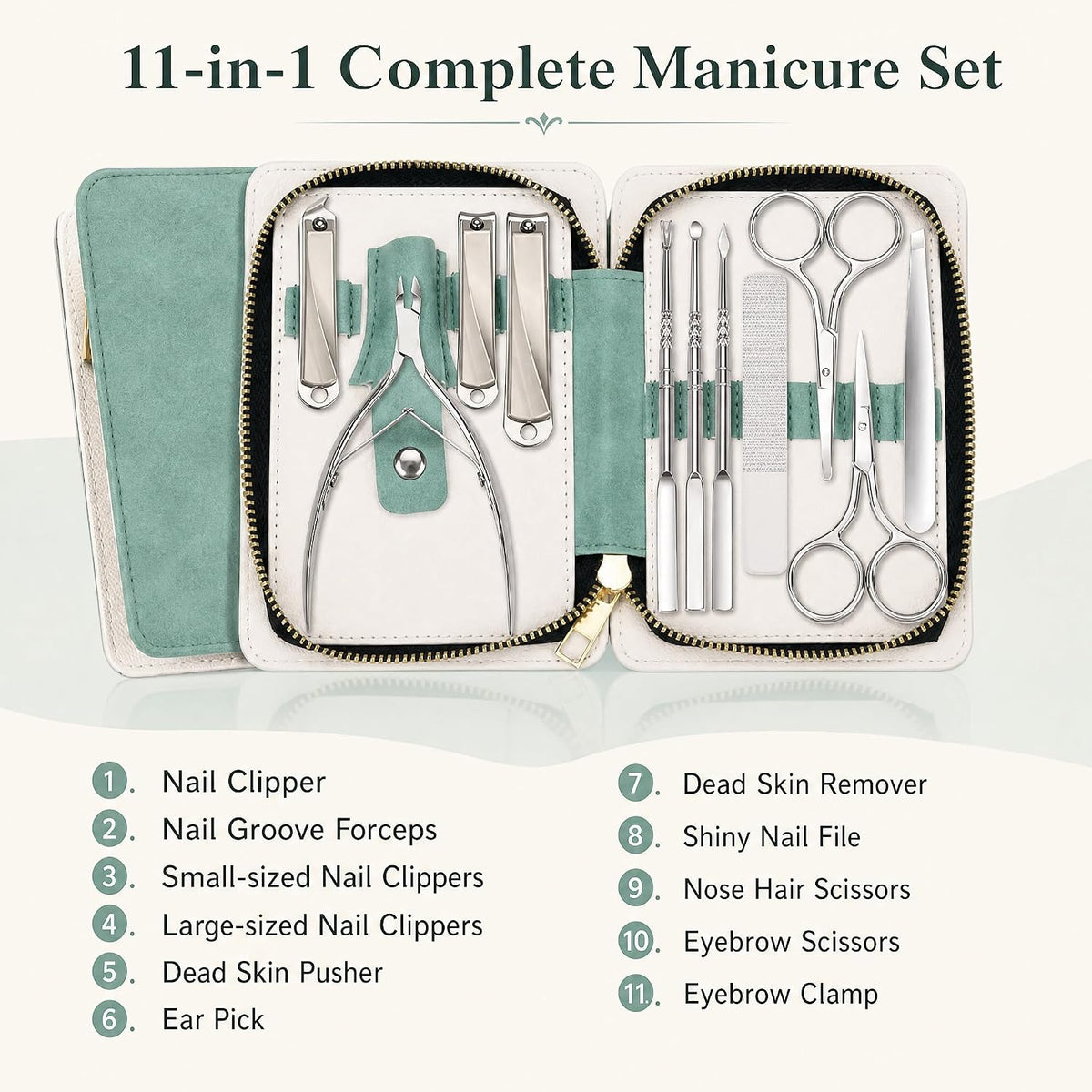 11-in-1 Professional Nail Care Kit, Stainless Steel Clippers with Leather Case
