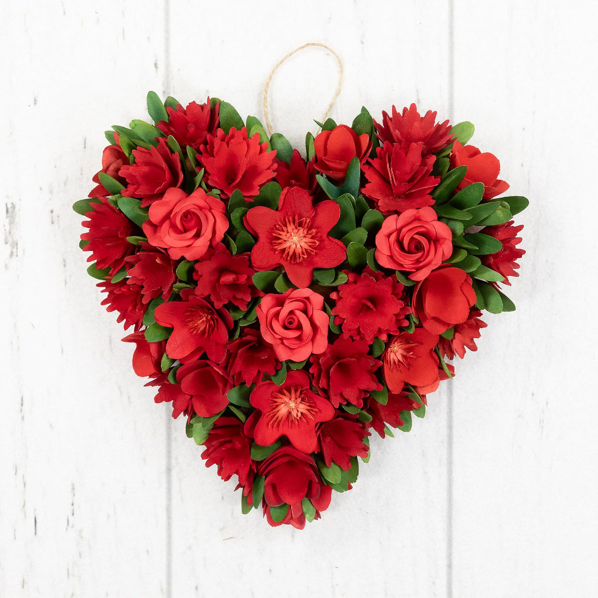 Mixed Floral with Wooden Flowers Artificial Valentine's Day Heart Wreath - 12.25"