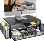 Desk Organizer and Accessories, 2-Tier Computer Monitor Stand Riser with Drawer and 2 Pen Holders, Laptop Stand, Office Desk Accessories for Office Supplies, Black