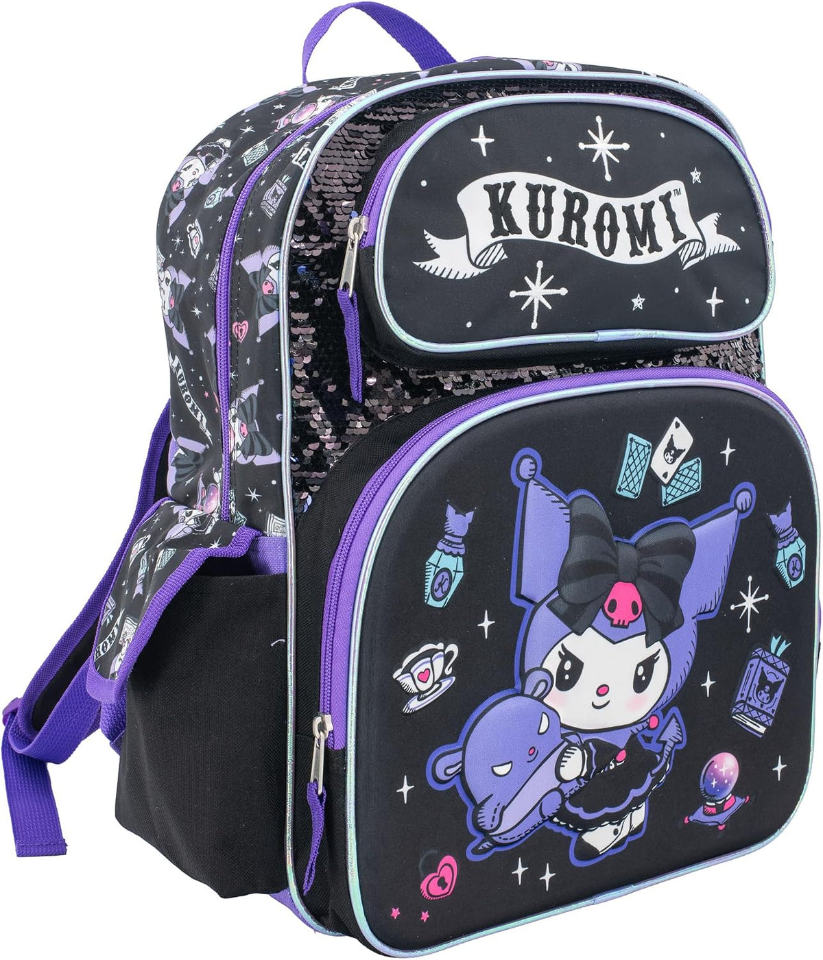 AI Accessory Innovations Hello Kitty 16" Backpack for Girls, Kuromi Kawaii School Bag with Flip Sequins & 3D Front Pocket