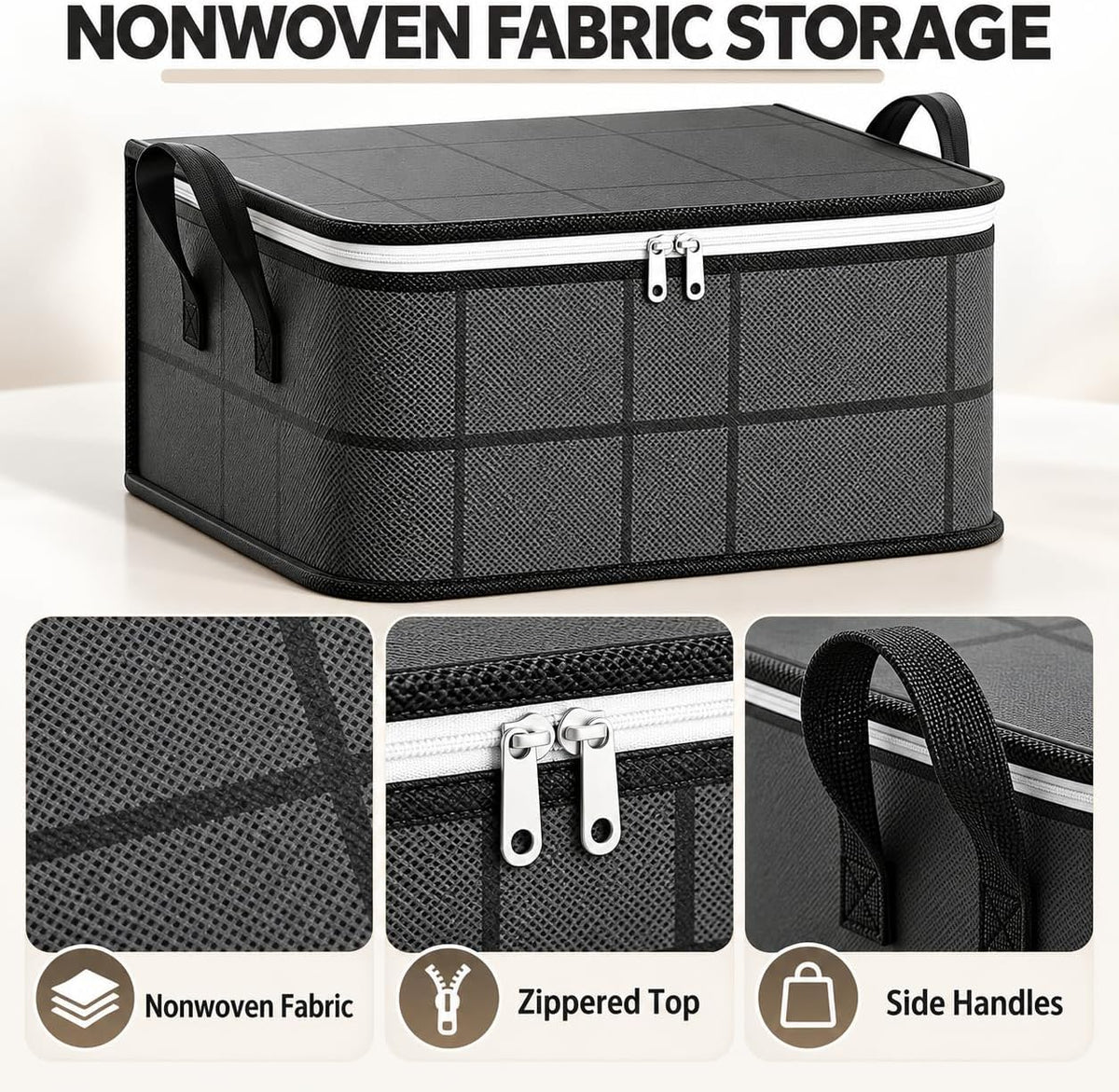 Foldable Storage Bag with Zipper, Clothes & Blanket Storage, S-XL (M) Nonwoven foldable storage bag with zippered lid and side handles; S/M/L/XL sizes for clothes, blankets, bedding and toys.