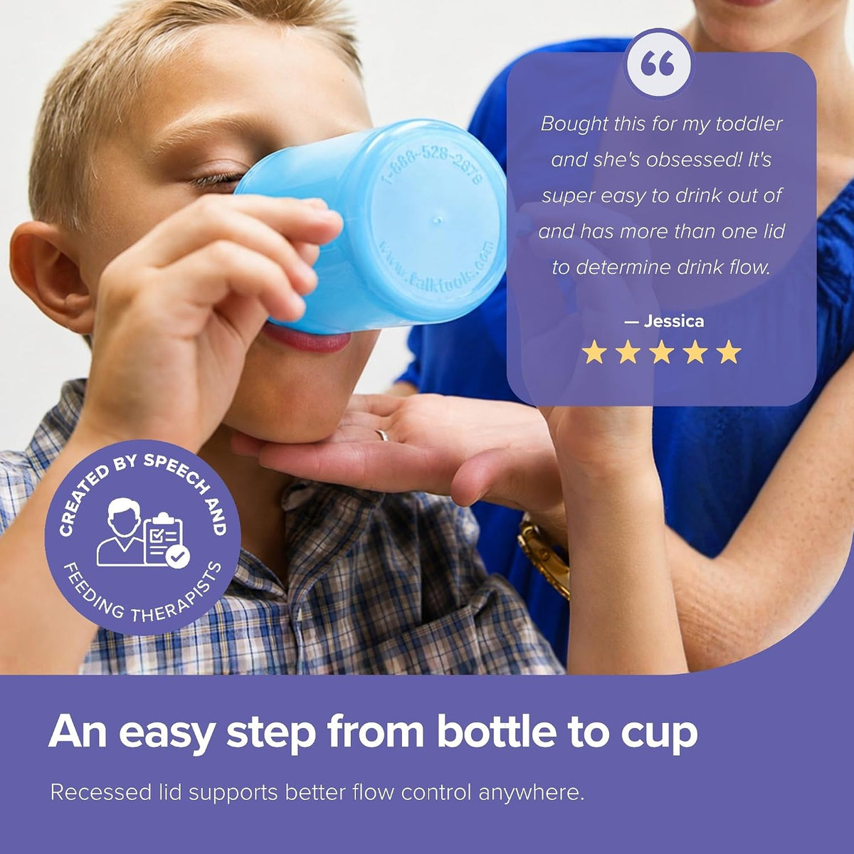 Recessed Lid Cup with Handles - Leak Proof | Promotes Oral Motor Skills, Lip Closure, and Self Feeding | Alternative to Sippy Bottle | Food Grade Materials | Dishwasher Safe (Light Blue)